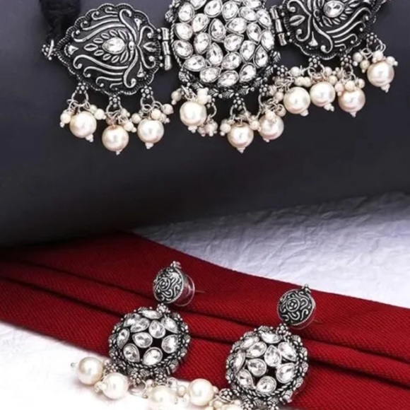 Oxidized Handcrafted Jewellery set Necklace with Earrings|Indian Choker set - Picture 5 of 7